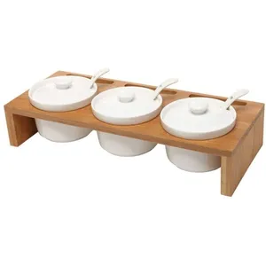 Set Peralatan Makan Saus Ramekin, Keramik, Set/Tutup & Sendok Di Atas Bambu, Nampan Melayani Alat Makan Piring & Piring Chip Celup