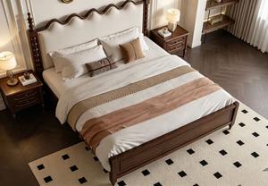 Premium <b>Queen</b> <b>Size</b> Scalloped Upholstered <b>Bed</b> With Spindle Posts & Nailhead Trim For Bedroom - Product Image 4