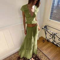 Ensemble élégant en mousseline de soie deux pièces pour femme, haut court à col en V et manches courtes, jupe longue assortie, ensemble de robe de soirée pour femme 3531