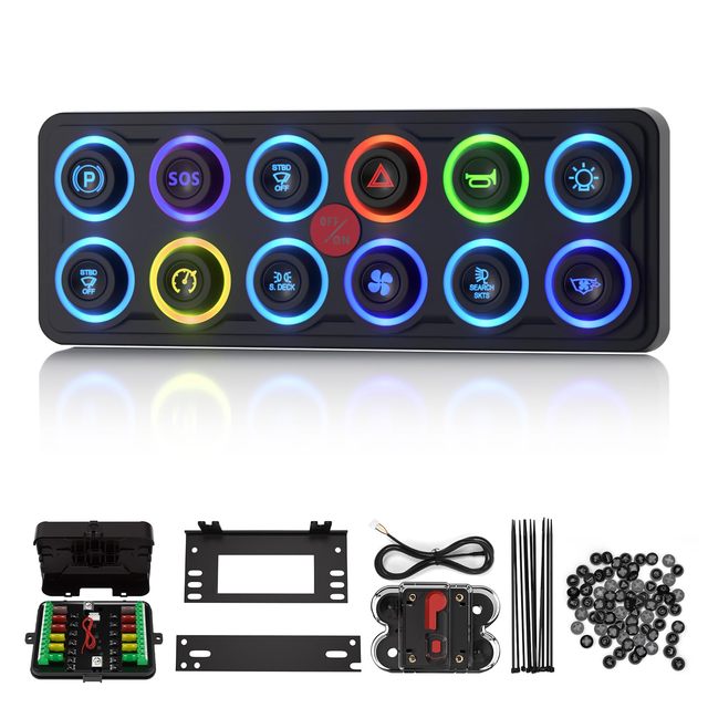 12- Group Touch Panel Switch Waterproof IP68 RGB 4 Modes 8 Colors Backlight Boat Switch Panel 12V 60A Circuit Relay Box for Car
