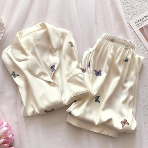 Nouveau <span class=keywords><strong>satin</strong></span> vêtements de nuit dessin animé pyjamas mujer papillon mignon pour les femmes glace soie à manches longues pantalons longs homewear costume - Product Image 2