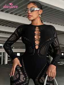Bodystocking sexy pour <span class=keywords><strong>femme</strong></span> en maille jacquard ajourée, moulant, élastique, sans couture, avec décorations de perles, style clubwear <span class=keywords><strong>et</strong></span> streetwear - Product Image 1