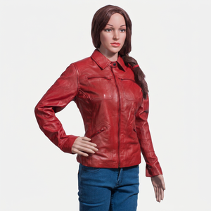 Veste en cuir rouge pour femme, nouvelle collection, coupe ajustée, design matelassé, accents de fermeture éclair dorée, respirante - Product Image 2