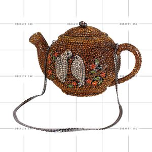 Bolso de mano romántico para mujer con diseño de tetera y diamantes de imitación, cartera de noche con cristales y pájaros bonitos, bolso vintage para cócteles y citas. - Product Image 4