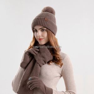 Unisex Winter Sports Hat <b>Scarf</b> Gloves Set New Style Hot Selling Warm Wool with Faux Pom Pom 3 Pieces Set - Product Image 1