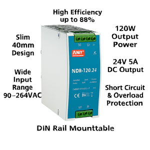 NDR-120-24 120W แหล่งจ่ายไฟราง DIN AC-DC แบบเอาต์พุตเดี่ยว 24V 5A เกรดอุตสาหกรรม 90-264VAC ประสิทธิภาพ 89% 150mVp-p - Product Image 1
