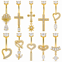 Anneaux de nombril en acier chirurgical 316L avec zircon CZ, croix dorée, cœur, coquillage, soleil, lune, baguette – Bijoux de piercing pour femme