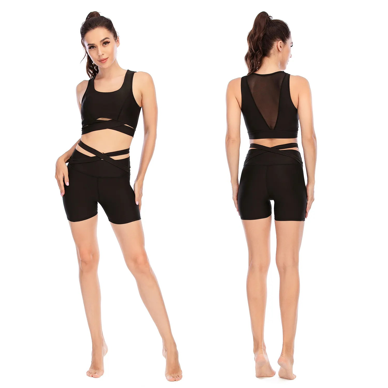Womens Two Piece Outfits Tank Crop Top Shorts Set Short Suits Sports Yoga Short V cross Waist pants and Top Bra