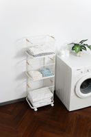 Panier à linge en fil métallique blanc avec poignées en bois pour salle de bain, vêtements, chambre d'enfant