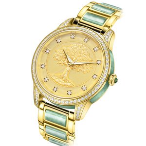 Reloj de pareja de lujo con esfera 3D del Árbol de la Vida, correa de jade verde, incrustaciones de diamantes dorados, reloj mecánico automático para hombre y mujer - Product Image 6