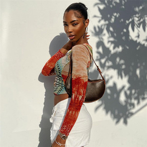 2022 Sommer Neue Damenmode Bedruckt Round Neck Street Trendsetter Mesh Kontrast farbe Langarm Top - Product Image 5