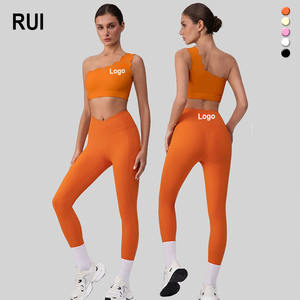 Ensemble de yoga RUIQUWIN pour femmes, pantalon de sport taille haute qui sculpte les fesses, soutien-gorge à une épaule, respirant, anti-transpiration, bordure en dentelle, uni - Product Image 1