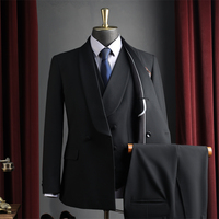 Ensemble Smoking Homme Respirant à Double Boutonnage en Laine Peignée avec Revers et Braguette Zippée, Veste et Pantalon, Châle Noir, pour Mariage, Garçons d'Honneur, Bal de Fin d'Année et Dîner