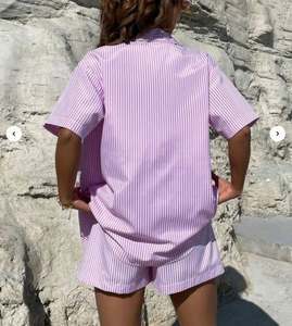 I-0607 Women's Fashion Cross-Border Casual Two-Piece <b>Set</b> American Style Lapel Striped Short Sleeve Knee <b>Knitting</b> Shirt <b>Set</b> - Product Image 6