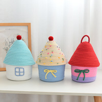 Panier de rangement en coton tissé style dessin animé avec couvercle, organisateur de bureau style Instagram pour collations, jouets et rangement domestique (utilisation multi-pièces)