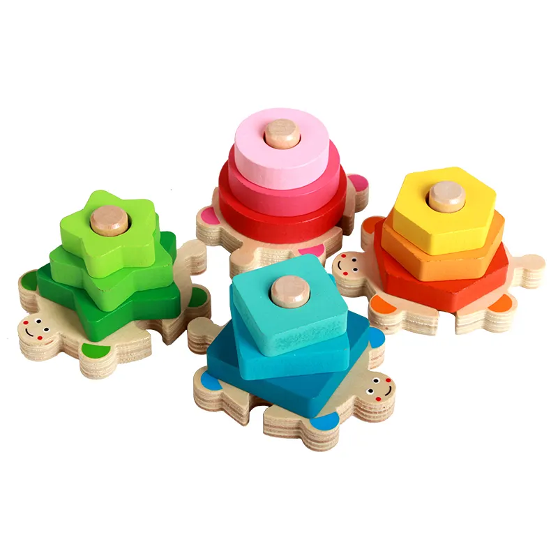 Yüksek kaliteli çok renkli kaplumbağa şekilli yapı taşları ile eşleştirilmiş dört sütun çocuk eğitim ahşap oyuncak seti yaş için 3