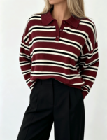 Pull en tricot rayé de style preppy pour femmes, col polo, manches longues, boutons