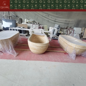 Baignoire autoportante ovale en travertin classique GOLDKING pour villa méditerranéenne, baignoire en pierre beige crème à rayures, OEM - Product Image 6
