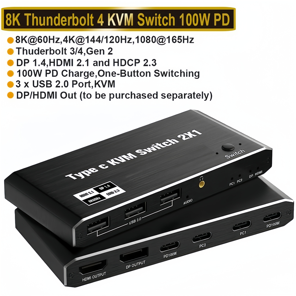 8K Thunderbolt 4 USB-C KVM Switch for Dual Monitors with