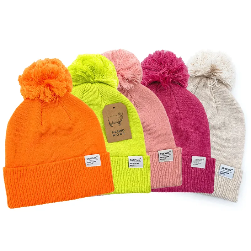 Custom Logo Premium Merino Wool Rib Knit Women Winter Beanie Hat with Pom Pom