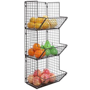 YARDWE 3-Tier Hanging Fruit Basket - Golden Round Copper Wire Kitchen Storage Organizer
