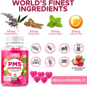 Pacchetto OEM PMS Gummies per donne con <span class=keywords><strong>Dong</strong></span> <span class=keywords><strong>Quai</strong></span> e vitamina B6 integratore per la salute senza zucchero etichetta privata vegana - Product Image 4