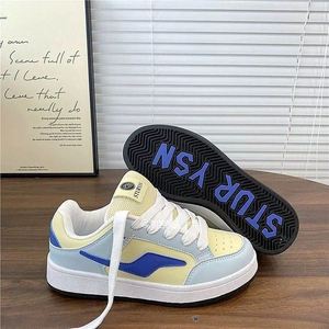 Trendy Hong Kong Style Women Bread Shoes, Blue Yellow Lightning Color <b>Block</b> Vibe, Letter Print Thick Sole Campus Skate - Product Image 6