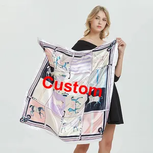 Grand foulard en soie Pure en Satin avec impression numérique pour femme, carré en Polyester, éthicon avec Design personnalisé, 90x90 cm