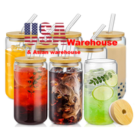 Entrepôt États-Unis Verres à Bière et Café Glacé de 16oz 18oz, Tasses en Verre Borosilicate en Forme de Canette avec Couvercle en Bambou et Paille en Verre
