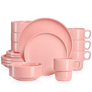 Service de table en céramique et porcelaine de luxe moderne, 16 pièces, vaisselle rose, écologique, personnalisable, hôtels, restaurants, maison - Product Image 4