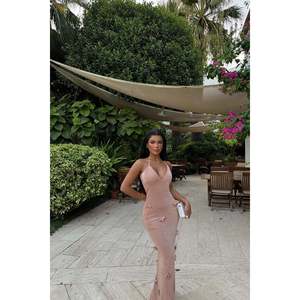 Vestido Largo Beige con Tirantes y Cuello Halter para Mujer, Elegante, para Fiesta, Tirantes Finos, Diseño Sólido, Talla XS, para Primavera/Otoño - Product Image 4