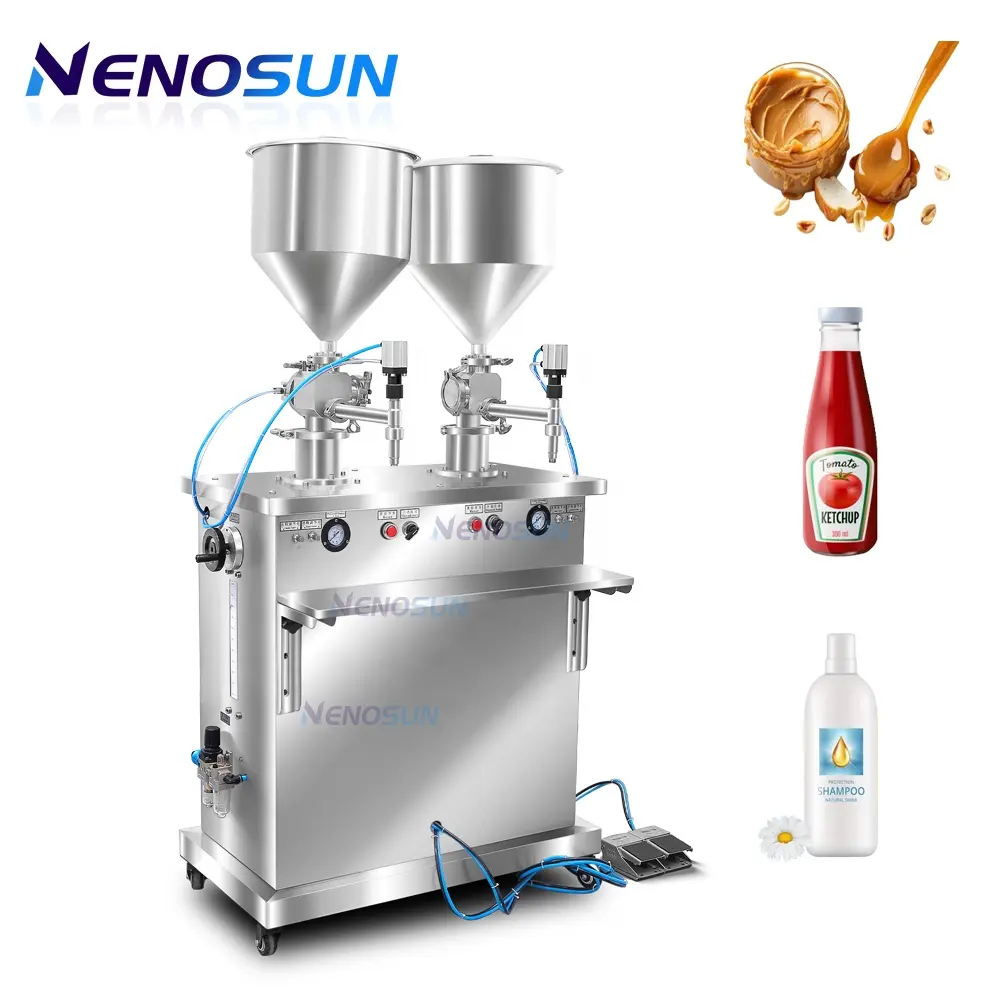 Nenosun半自動ダブルヘッド & ホッパー充填機ピーナッツバタージャムケチャップ洗剤エッセンシャルオイル水