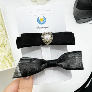 Black Handmade Bow Ponytail Spring Clip Hair Accessories With Heart Crystal+100% Organza Small Butterfly Spring Hair Clips
