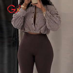 GX1524 Blouse <span class=keywords><strong>Femme</strong></span> Décontractée à Manches Longues Col Polo à <span class=keywords><strong>Carreaux</strong></span> Style Urbain Printemps Automne - Product Image 1