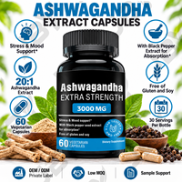 Capsules d'extrait d'Ashwagandha 20:1, complément alimentaire à base de plantes avec poivre noir, 60 unités, marque privée, fournisseur en gros OEM