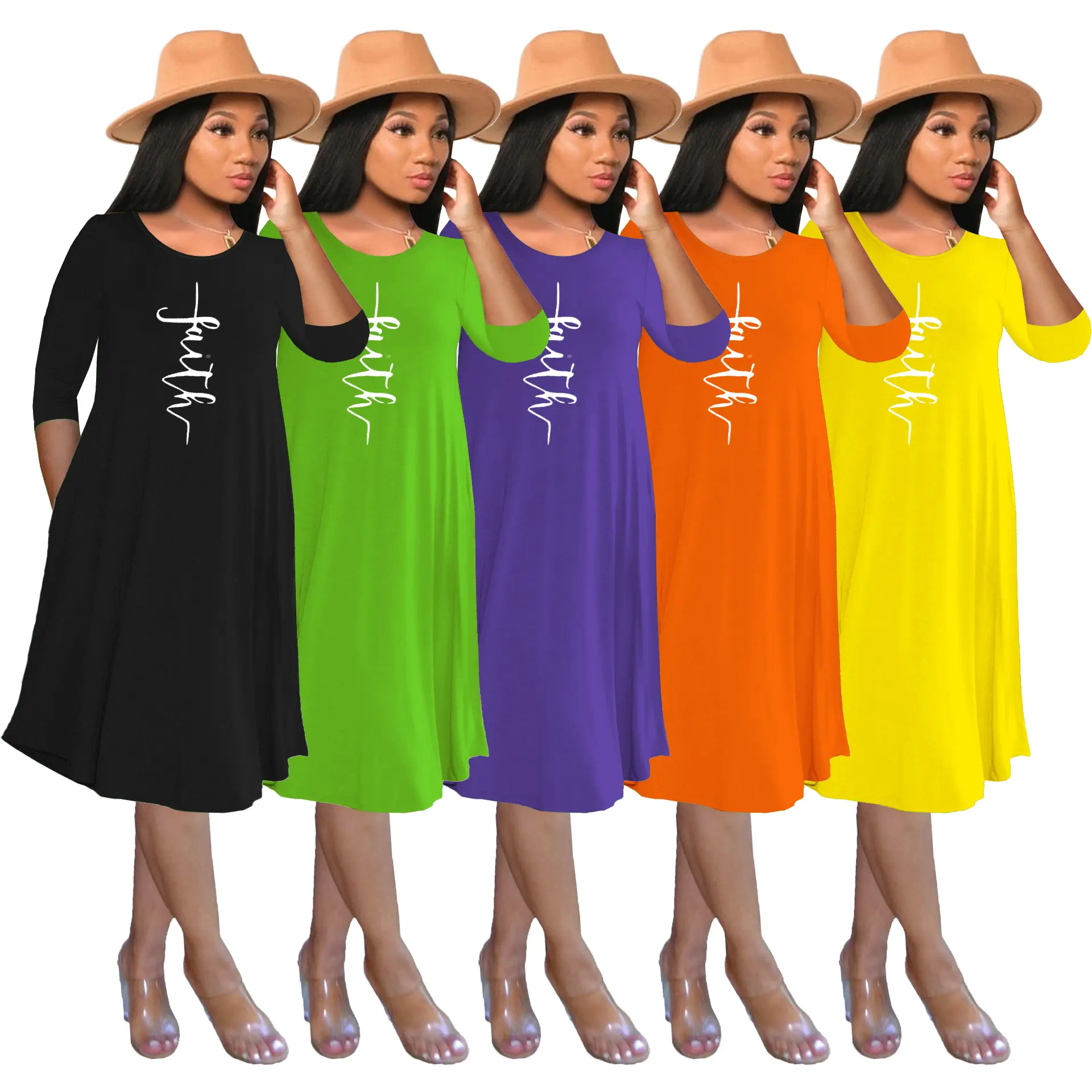 Summer Loose faith Print Tshirt Mini Dress Women Fashion Round Neck Long Sleeve Home Comfortable Loose Dress
