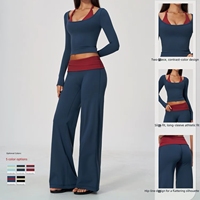 Vêtements de sport pour femmes, tenue de yoga, de gym et de fitness, haut à manches longues et pantalon de jogging à taille repliable et jambes larges, 2 pièces