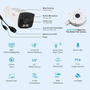 กล้อง <span class=keywords><strong>IP</strong></span> แบบไฮบริด 4MP POE สำหรับภายนอกอาคาร รูปทรงกระบอก พร้อมอินฟราเรดอัจฉริยะและไฟสีคู่ ตรวจจับมนุษย์/ยานพาหนะ ไมโครโฟนในตัว ตัวกล้องโลหะทั้งหมด รองรับ H.265 WDR - Product Image 4