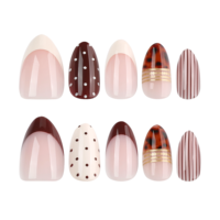 Faux ongles à presser Marron Nude, motifs variés, French Manucure, rayures, pois, brillants, pour salon de manucure, vente en gros et au détail 4560