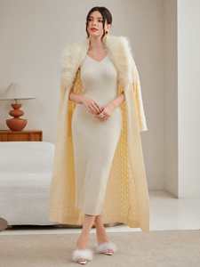 Abito Slim in tinta unita personalizzato invernale con colletto felpato <span class=keywords><strong>cintura</strong></span> pelosa <span class=keywords><strong>Cardigan</strong></span> lungo lavorato a maglia 2 pezzi completo maglione da donna - Product Image 2