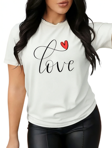 T-shirt casual da donna con stampa Love Heart, manica corta, girocollo, 100% cotone, traspirante, top primaverile ed estivo - Product Image 1