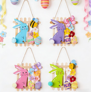 Kit de bricolage pour Pâques : Lapin en bois, œuf, abeille, papillon, ornements avec fleurs artificielles et bâtonnets - Product Image 1