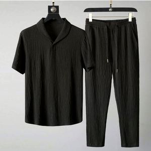 Costumes décontractés pour hommes en 2 pièces pour l'été, hauts à manches courtes + pantalons longs, couleur unie, col polo, boutons, taille élastique, séchage rapide - Product Image 2