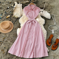 Robes mi-longues Kingsa style coréen, taille empire, romantiques, coupe trapèze, sans manches, rayées, pour femme, été, respirantes, lavables, avec ceintures tissées