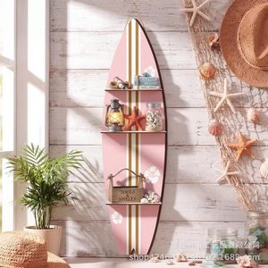 Estante de pared para tablas de surf, organizador de almacenamiento colgante de 3 niveles con rayas rosas y doradas para decoración con temática de playa - Product Image 1