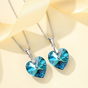 S925 conjunto de cristal en forma de corazón de plata esterlina collar con colgante de corazón azul para mujer - Product Image 1