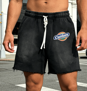 Custom Men's Summer 100% Cotton Acid Wash Drawstring Vintage Style Streetwear Casual Board Shorts - Product Image 3