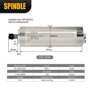 แกนหมุน0.8kw 65มม. ER11 400Hz 24000รอบต่อนาที220V ชุดมอเตอร์แกน800W ระบายความร้อนด้วยน้ำสำหรับอลูมิเนียมงานไม้ - Product Image 3