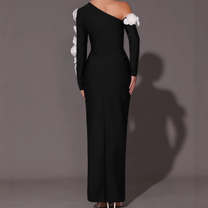 Vestido <span class=keywords><strong>de</strong></span> Fiesta Largo <span class=keywords><strong>de</strong></span> Gasa y Cachemira con Flores Blancas en 3D, Cuello Asimétrico, Cintura Natural, Silueta <span class=keywords><strong>de</strong></span> Sirena, Apliques Calados - Product Image 3