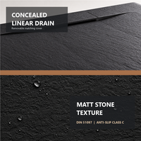 Receveur de douche architectural noir H1 BMC avec drain linéaire dissimulé, surface en pierre texturée, antidérapant classe C et dos renforcé